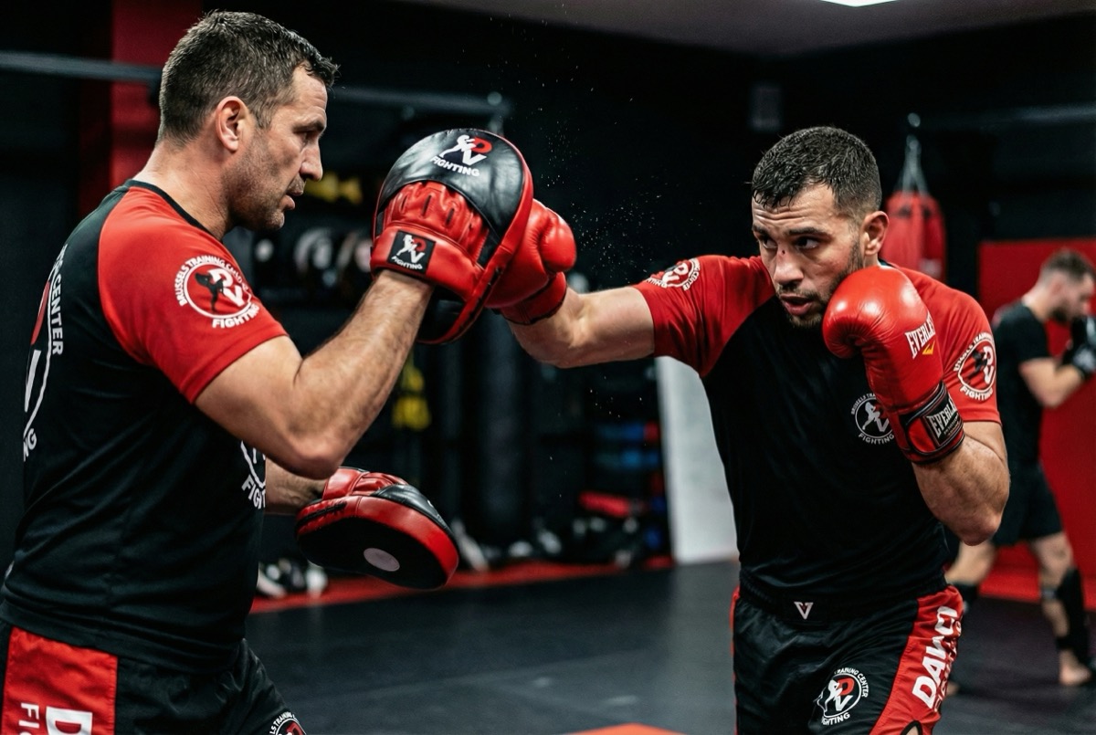 Débutant travaillant sur pattes d'ours en boxe — premier cours chez Davinci Fighting Bruxelles