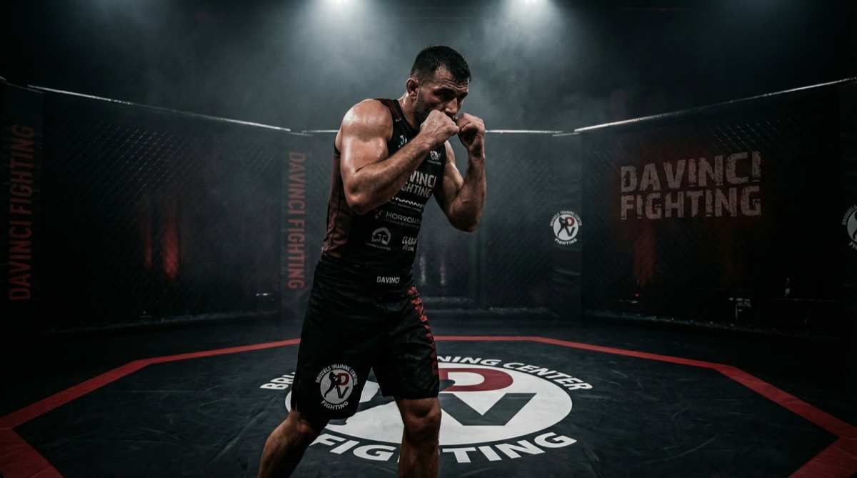 Pratiquant de MMA débutant en garde dans l'octogone — Davinci Fighting Evere Bruxelles