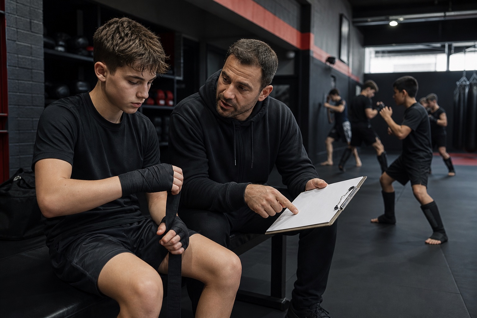 Adolescent préparant un entraînement avec un coach et un plan de progression