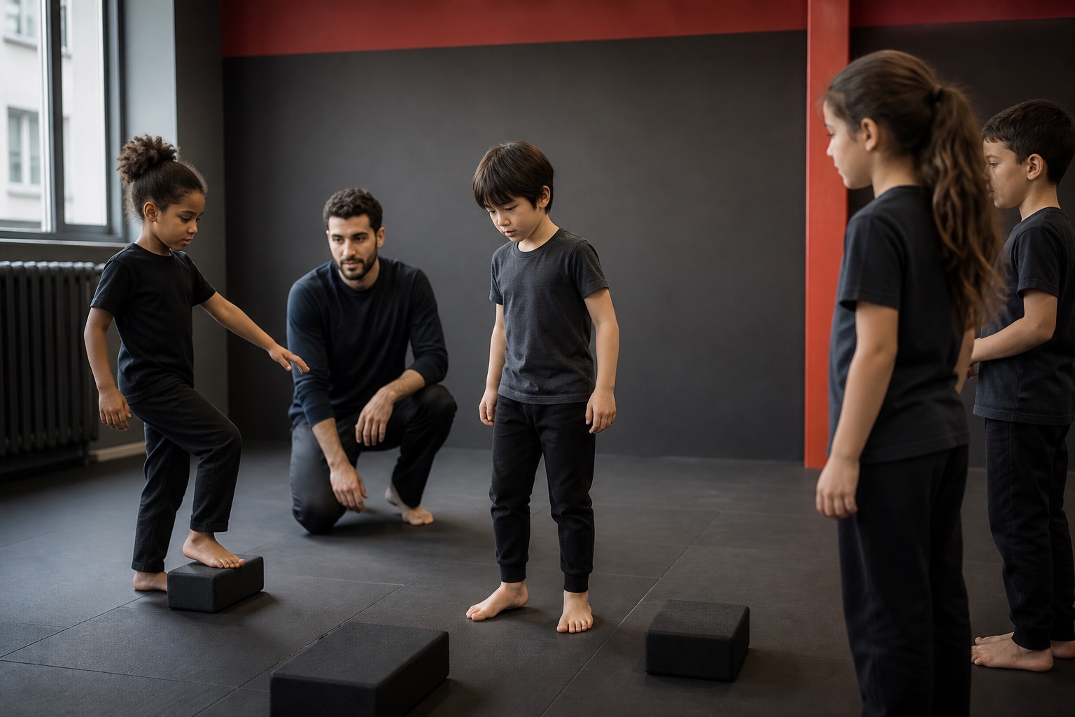 Enfant rejoignant progressivement un exercice collectif accompagné par un coach