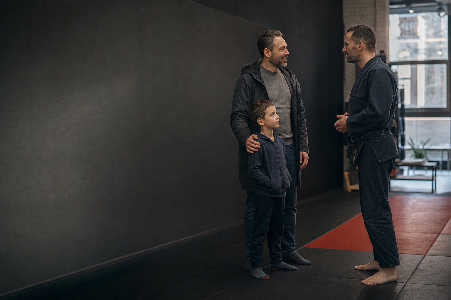 Parent et enfant accueillis par un coach dans une salle de sport de combat